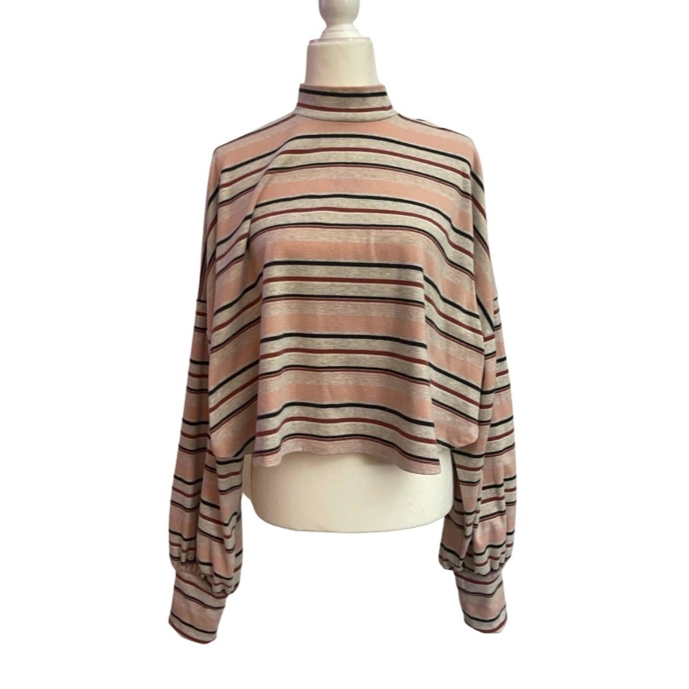 Free People Women’s Medium long sleeve striped crop top mock neck pink top